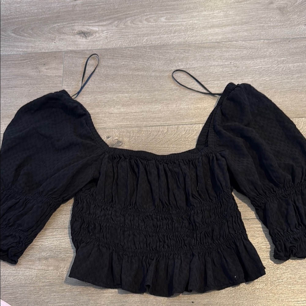Urban Outfitters Black Smocked Puff Sleeve Blouse